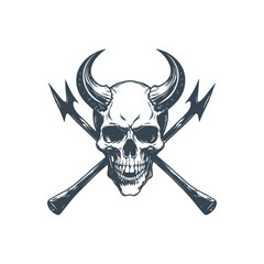 Skull with horns and crossed pitchforks illustration