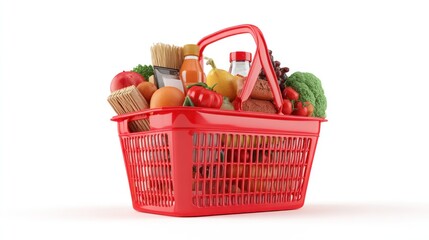Grocery shopping basket filled with various produce and food items