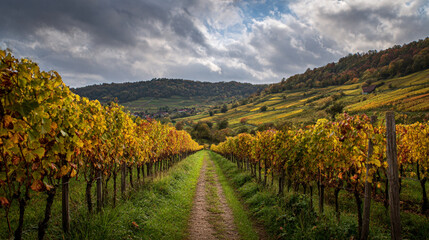 A path through a vineyard with yellow leaves under a cloudy sky in a rural landscape during the autumn season