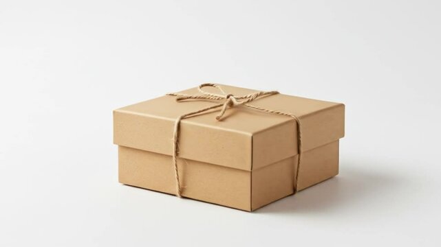 A small square cardboard box with a lid tied with twine sits on a white surface in a simple setting