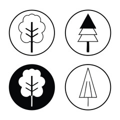 Vector tree illustration icon set of nature silhouettes, branching, bark, foliage, shade, pattern, isolated, sky, clean, vectorart, graphic, decorative. 