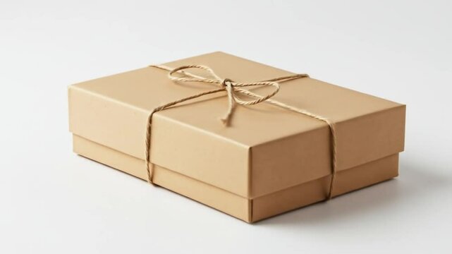A simple brown cardboard gift box tied with twine on a white surface in soft studio lighting view from above