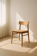 Fototapeta premium Simple Wooden Chair in Sunlit Room Minimalist Interior Design