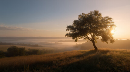 Obraz premium Misty landscape at dawn with warm glow