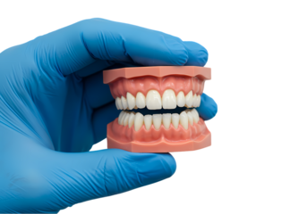 Complete Dentures Model in Gloved Hand  Dental Prosthetics isolated on transparent background
