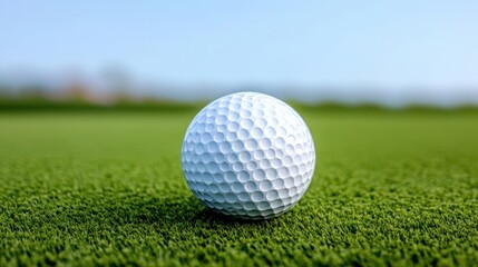 Obraz premium A white golf ball sits on green grass under a clear blue sky, ready for play on a golf course.