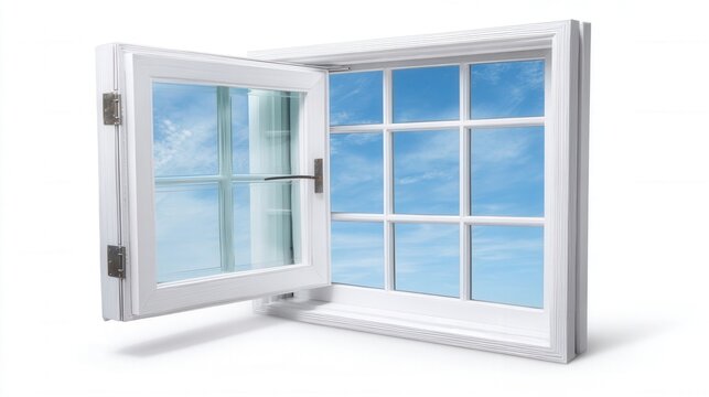 Fototapeta Open white window with blue sky and clouds. Generative AI