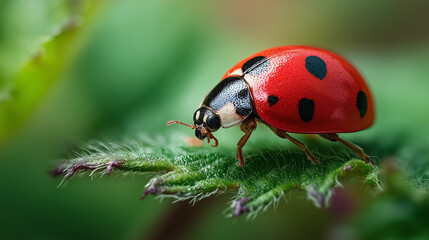 Fototapeta premium Vibrant ladybug crawling on hairy leaf