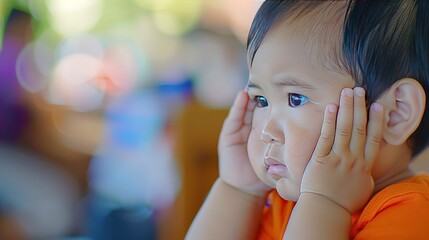 Young child holding ear with pained expression in pediatric clinic, childhood illness and earache concept, kid suffering from infection or pain at doctor office.