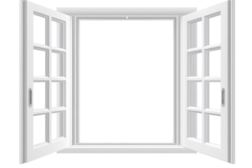 A digitally rendered image of a white, double-hung window with multiple panes, slightly ajar, showing a black background
