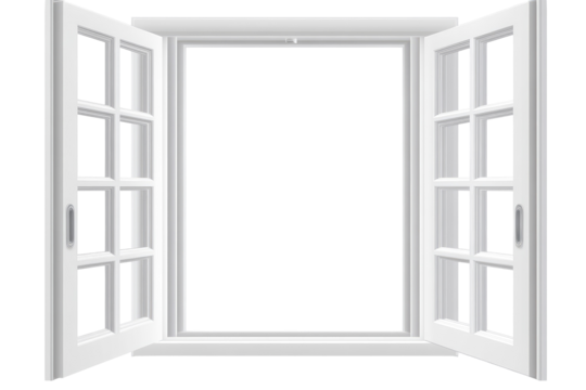 A digitally rendered image of a white, double-hung window with multiple panes, slightly ajar, showing a black background