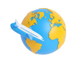 Airplane circling a stylized globe, symbolizing global travel