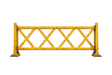 A yellow, weathered, portable barrier with an "X" pattern, ideal for temporary crowd control or construction sites.  It features sturdy bases