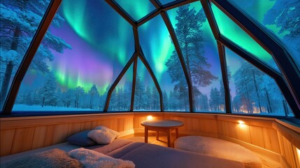 Cozy igloo - like room with view of aurora borealis
