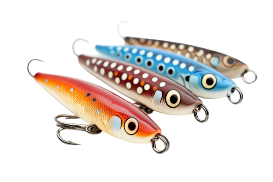 Close-up of three fishing lures, each a different color (red, brown, blue) with white spots,  arranged overlapping on a black background