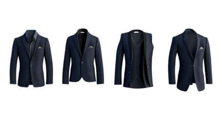 Four dark-navy suits displayed on a black background, showcasing different configurations a jacket with a collared shir