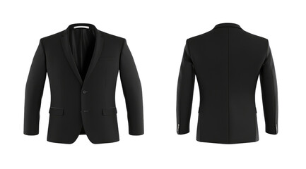 A classic, single-breasted black blazer is shown from the front and back, highlighting its tailored fit and simple design.  The image provides a clear view of the garment's details