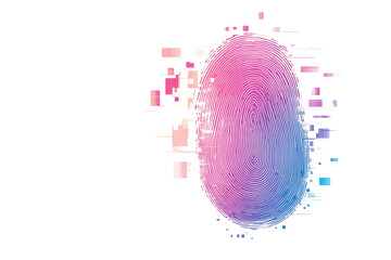 Abstract fingerprint-like form with a gradient of pink and blue hues, surrounded by a digital glitch effect