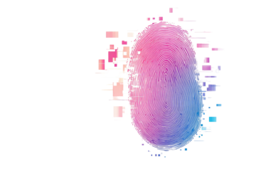 Abstract fingerprint-like form with a gradient of pink and blue hues, surrounded by a digital glitch effect