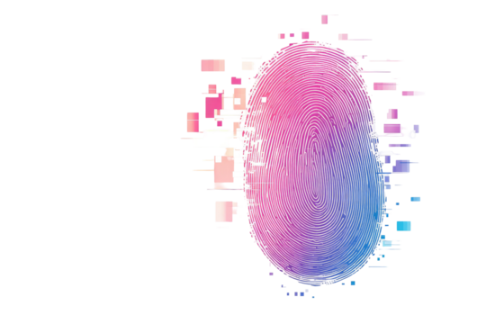 Abstract fingerprint-like form with a gradient of pink and blue hues, surrounded by a digital glitch effect
