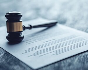 A judge's gavel rests on a legal document, symbolizing law, justice, and court decisions.