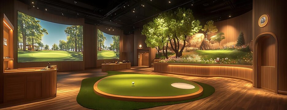 Indoor golf putting green, scenic views