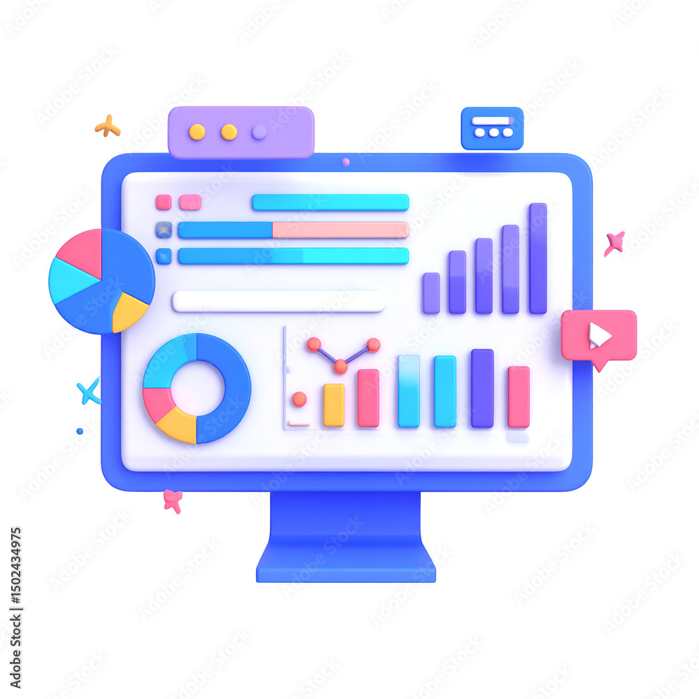 Poster colorful 3d monitor displaying various data charts and graphs