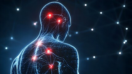 Human body with glowing red pain points on neural pathways illustrating pain or nerve stimulation, set against a dark blue background