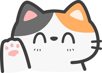 Cute calico cat outline cartoon waving paw hello illustration