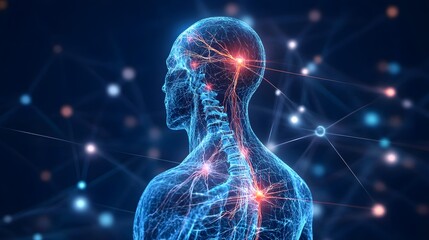 Human body with glowing red pain points on neural pathways illustrating pain or nerve stimulation, set against a dark blue background