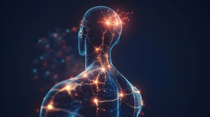 Human body with glowing red pain points on neural pathways illustrating pain or nerve stimulation, set against a dark blue background