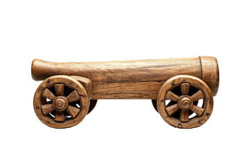 Fototapeta premium A detailed side profile of a meticulously crafted wooden cannon model, showcasing its rustic texture and simplistic design, resting on two spoked wheels