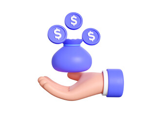 A 3D hand receives three dollar coins falling into a purple money bag