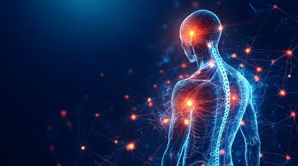 Human body with glowing red pain points on neural pathways illustrating pain or nerve stimulation, set against a dark blue background