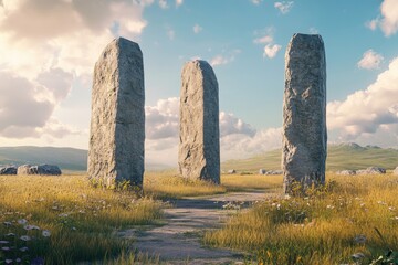 Three tall, light gray stone pillars stand sentinel in a grassy field beneath a partly cloudy sky.  A pathway leads to them