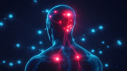 Human body with glowing red pain points on neural pathways illustrating pain or nerve stimulation, set against a dark blue background