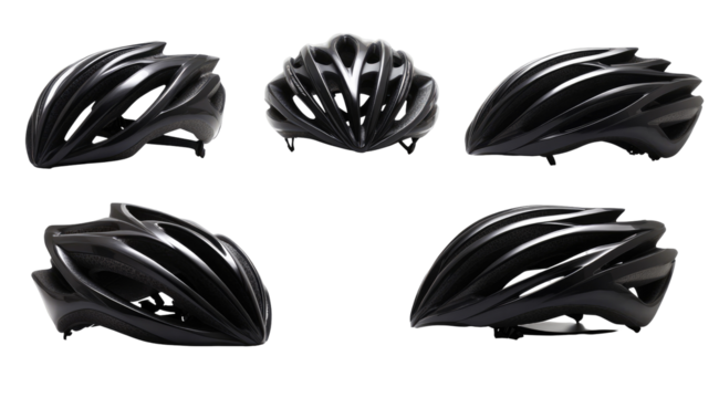 Five views of a sleek, black bicycle helmet showcasing its aerodynamic design and ventilation structure