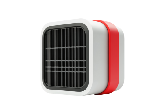 A small, square, portable heater with a predominantly white casing and red accents.  It features a dark gray grill covering the heating element