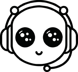 Cute AI robot head with and a headset, flat vector line icon style, minimal details, white background