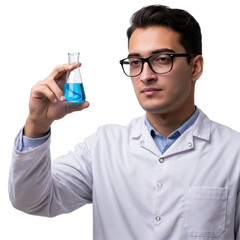 Serious scientist holding beaker with blue liquid for scientific research