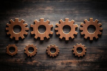 Wooden Gears Arranged in Rows on a Dark Wooden Background, Symbolizing Teamwork and Industrial Processes