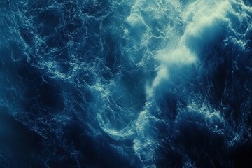 Fototapeta premium Waves of pure blue ocean water reflecting light under the sun at midday, Pure blue Ocean water waves with light reflections at Slow motion, Powerful storm on the sea