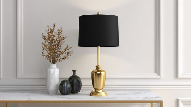 Gold lamp with black shade on marble console table