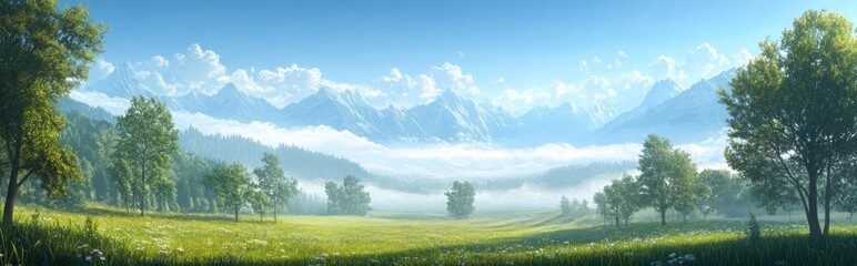 Fototapeta premium Lush valley scene with misty mountains