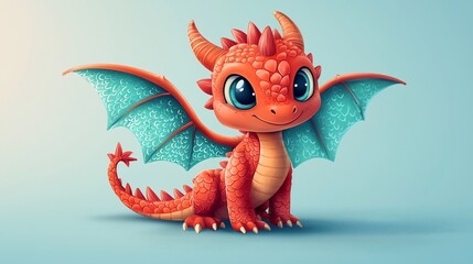 Fototapeta premium Cute dragon illustration; light blue background