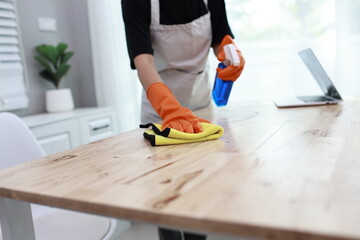 A cheerful young woman confidently cleans her apartment, embracing weekend chores with a smile, showcasing hygiene, responsibility, and domestic life indoors.
