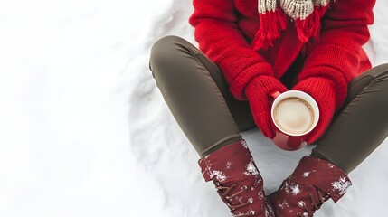 Winter Attire: A woman sitting in cozy winter clothes, legs crossed, holding a mug of hot chocolate, on a white background. 
