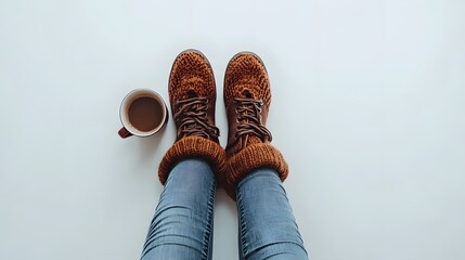 Winter Attire: A woman sitting in cozy winter clothes, legs crossed, holding a mug of hot chocolate, on a white background. 
