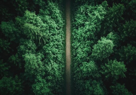 High-angle view of a path through a dense forest. Lush green foliage and trees fill the frame, with a light-colored path running centrally