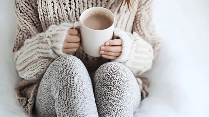 Winter Attire: A woman sitting in cozy winter clothes, legs crossed, holding a mug of hot chocolate, on a white background. 
